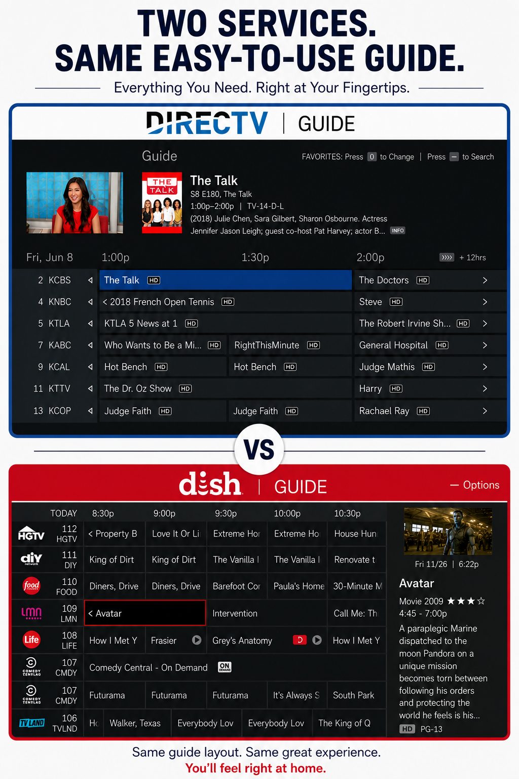 Side-by-side of the DIRECTV guide and the DISH guide showing near-identical layouts.
