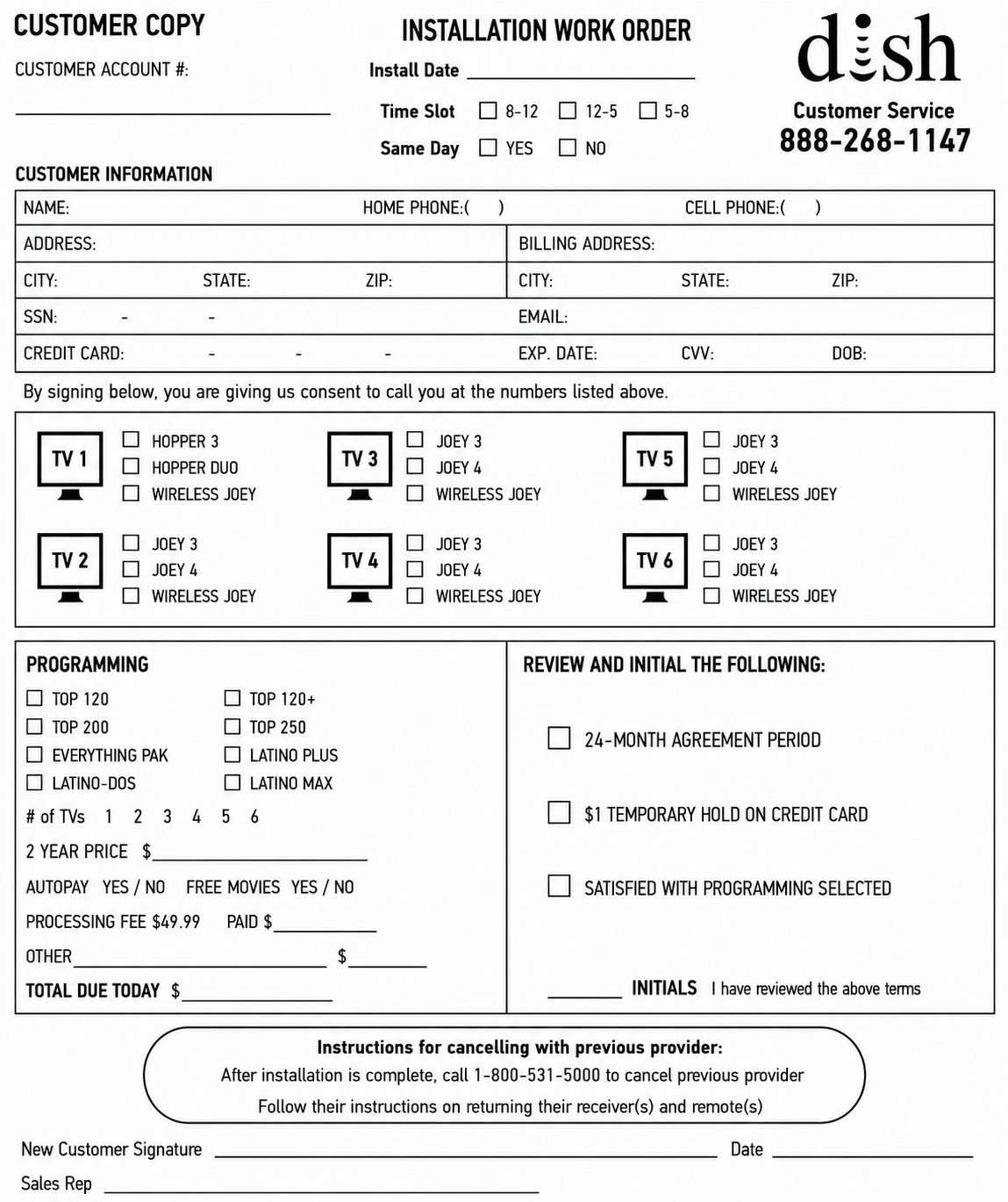 DISH installation work order, customer copy, showing all fields and initial boxes.